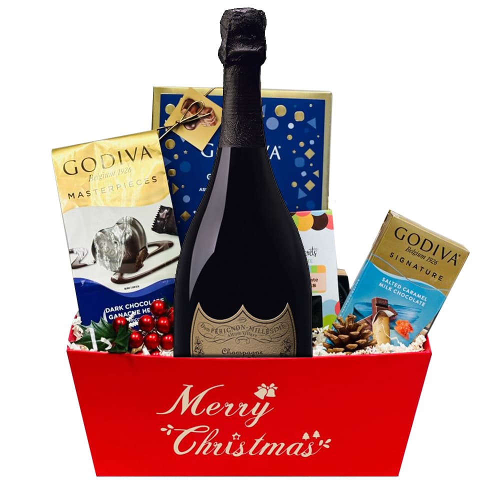 Christmas Gift Basket with Dom Perignon Champagne & Godiva Chocolates