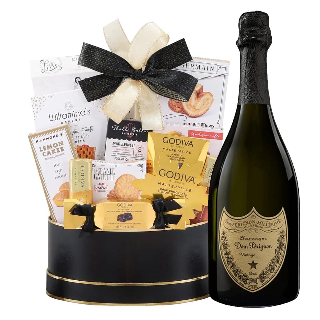 Dom Perignon Champagne And Godiva Black & Gold Celebration Gift Basket