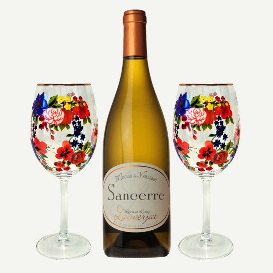 Sancerre Wine & Floral-Painted Glasses Gift Set