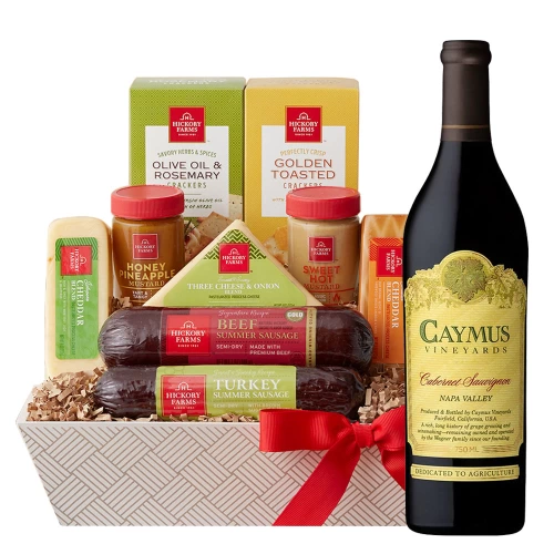 Caymus wine bottle and cheese gift basket