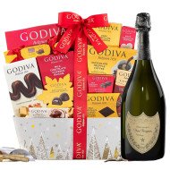 Godiva Chocolate Holiday Wishes Gift Basket With Dom Perignon