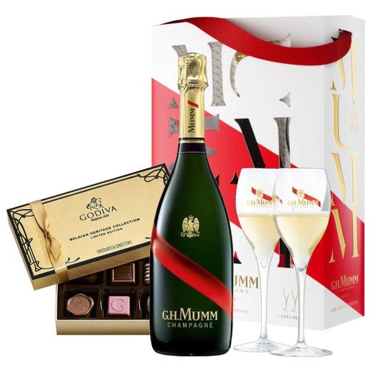 G.H. Mumm Champagne, Godiva & Flutes Gift Set G.H. Mumm Champagne, Godiva & Flutes Gift Set