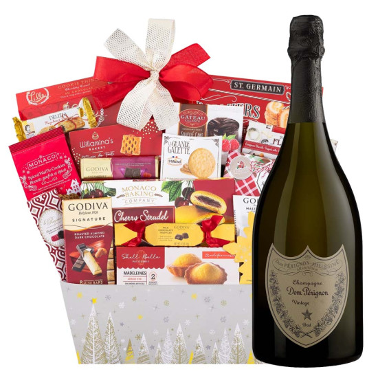 Godiva Chocolate Holiday Wishes Gift Basket With Dom Perignon