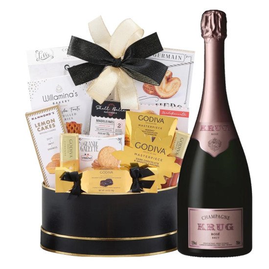 Krug Rose Champagne and Black Godiva Chocolate Gift Basket Krug Rose Champagne and Black Godiva Chocolate Gift Basket