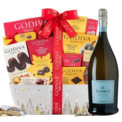 Godiva Chocolate Holiday Wishes Gift Basket With Lamarca Prosecco