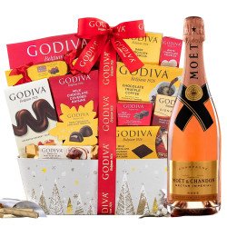 Moet and Chandon Nectar Imperial Rose & Assorted Godiva Chocolates Gift Basket