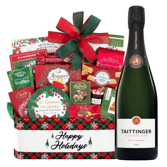 Taittinger Brut La-Francaise Champagne With Holiday Gift Basket 