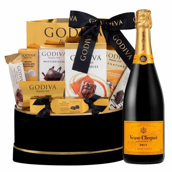 Veuve Clicquot Champagne With Godiva Black & Gold Celebration Gift Basket