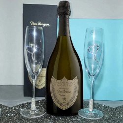 Tiffany Toasting Flutes & Dom Perignon Champagne Gift Set