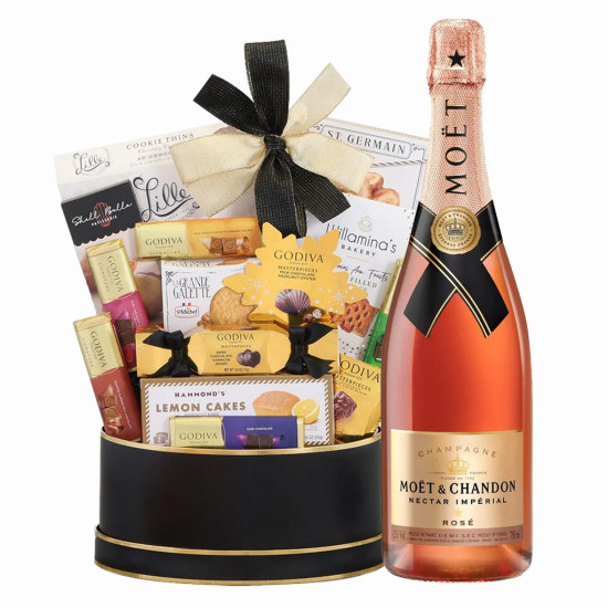 Möet & Chandon Nectar Imperial Rose And Golden Gift Basket Möet & Chandon Nectar Imperial Rose And Golden Gift Basket