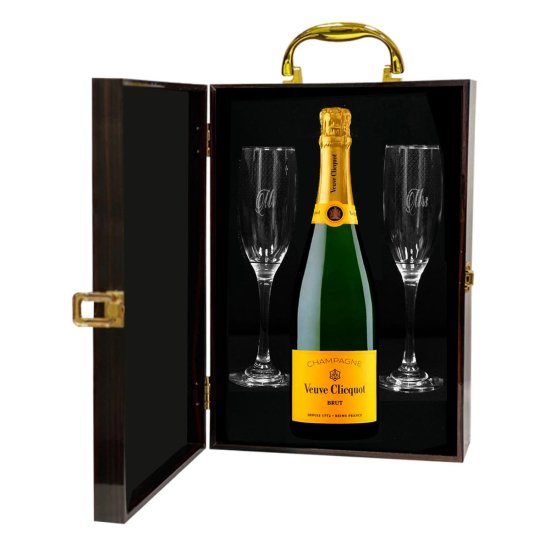 Personalized Mr and Mrs Champagne Flutes with Veuve Clicquot