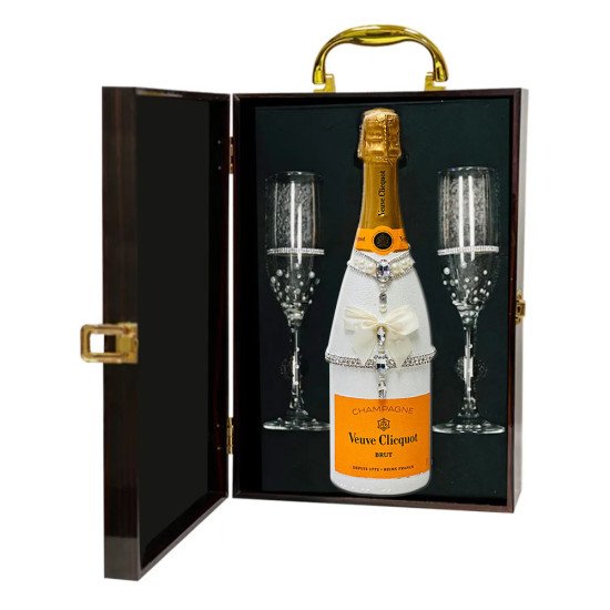 Hand-Painted Veuve Clicquot Champagne And Flutes Gift Set