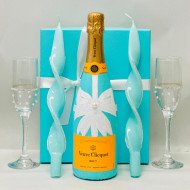 Hand-Painted Veuve Clicquot, Tiffany Champagne Flutes and Candle Gift Set