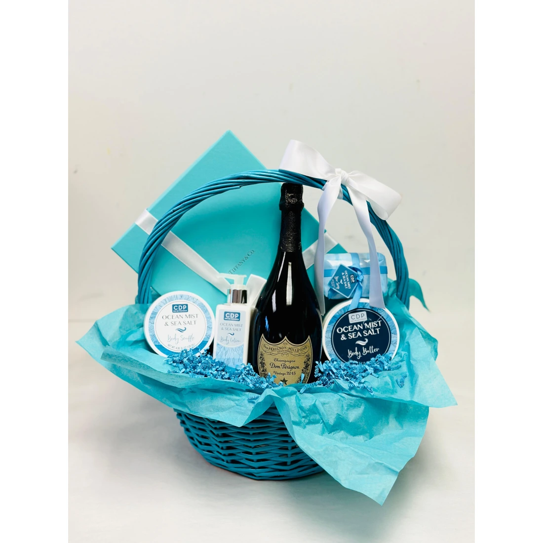 Blue Spa Gift Basket with Dom Perignon Brut Champagne