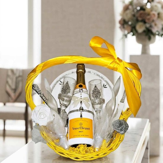 Luxurious Veuve Clicquot Wedding Gift Basket with Tableware Set