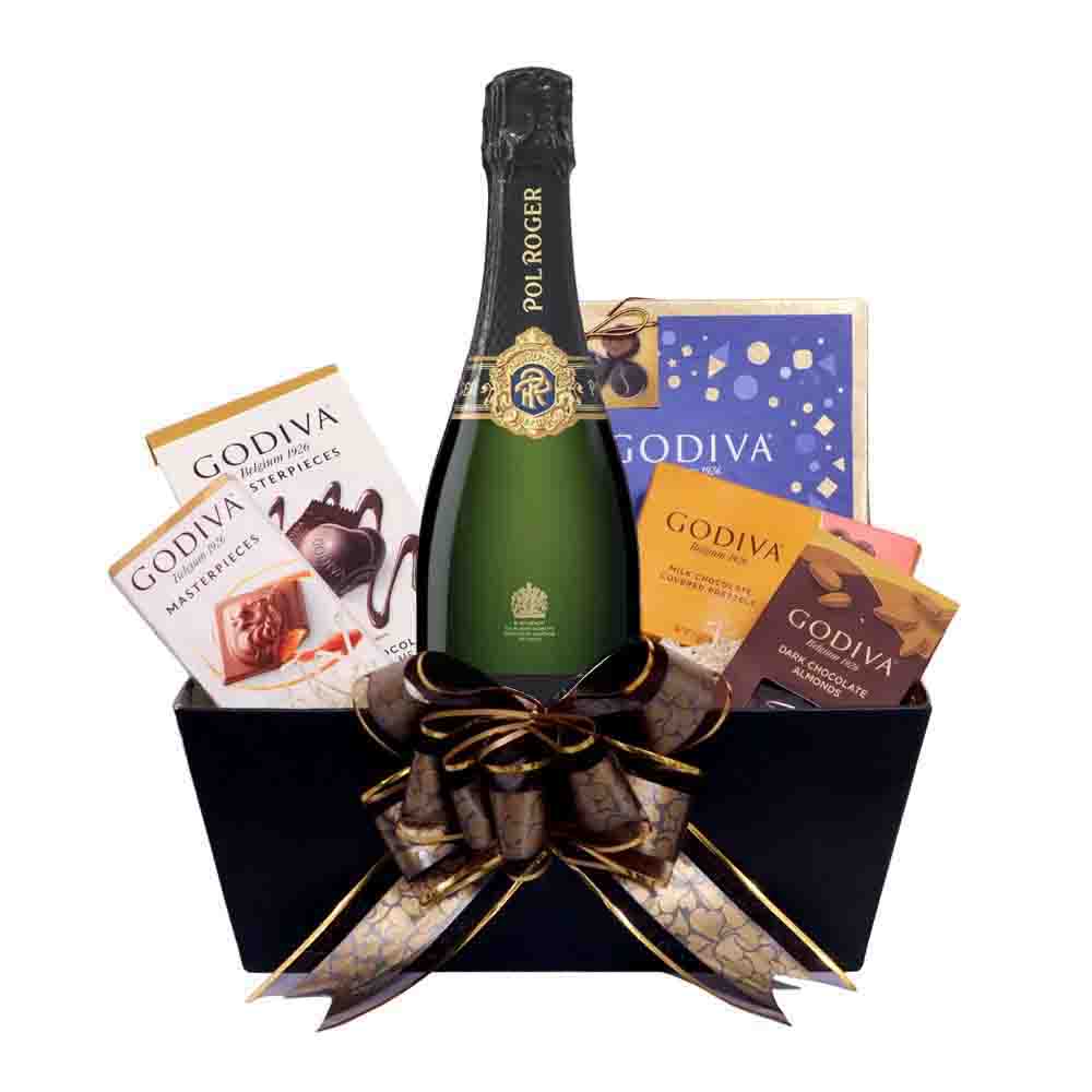 Pol Roger Brut Vintage Champagne with Godiva Chocolate Gift Basket