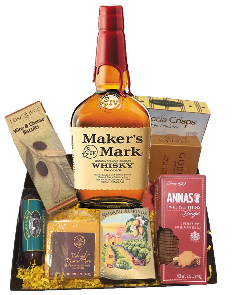 Makers mark and Cheese Gift Basket is beautifully handcrafted in small batches to create a smooth and fine flavoured bourbon whiskey.