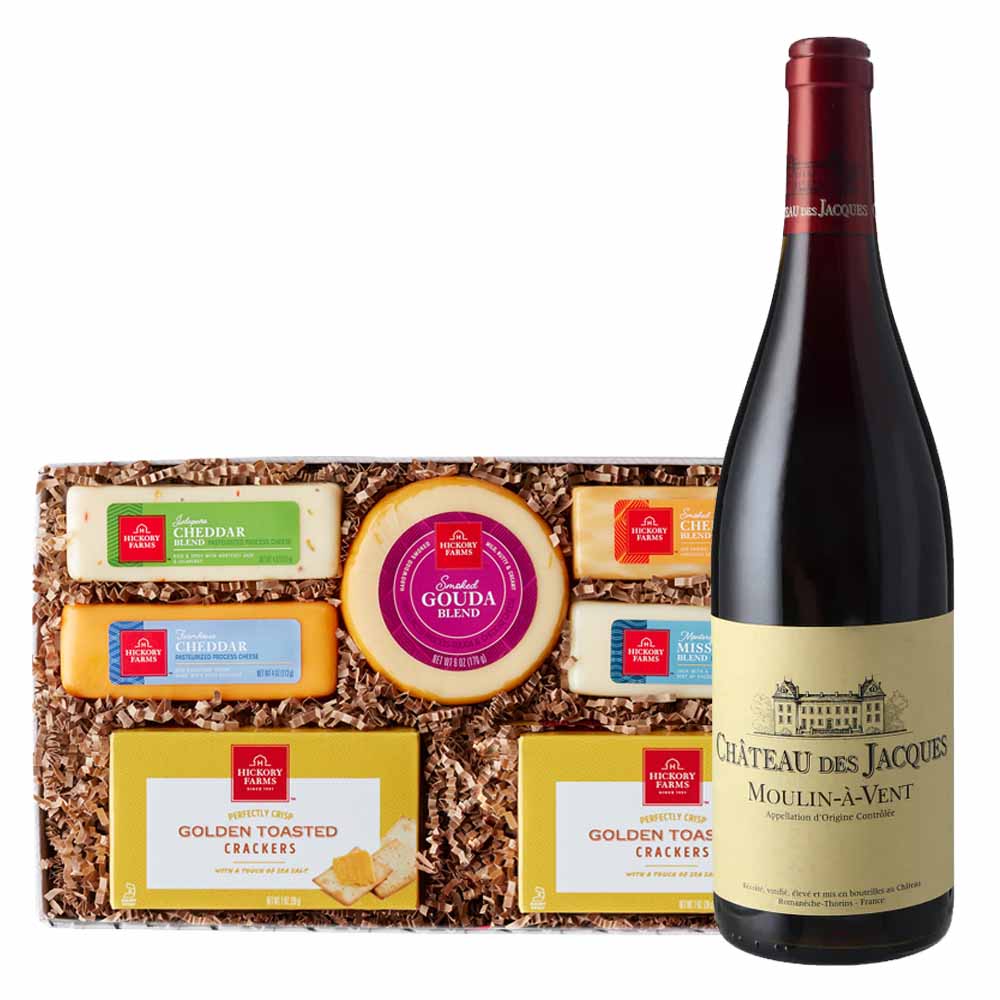 Louis Jadot Château des Jacques Moulin-à-Vent Beaujolais with a cheese gift box