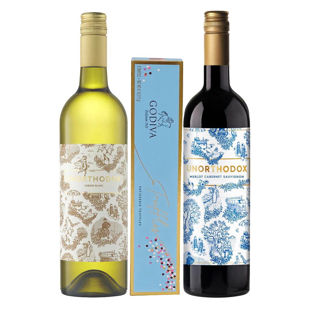 Unorthodox Chenin Blanc & Kosher Merlot Wine With Godiva Gift Set